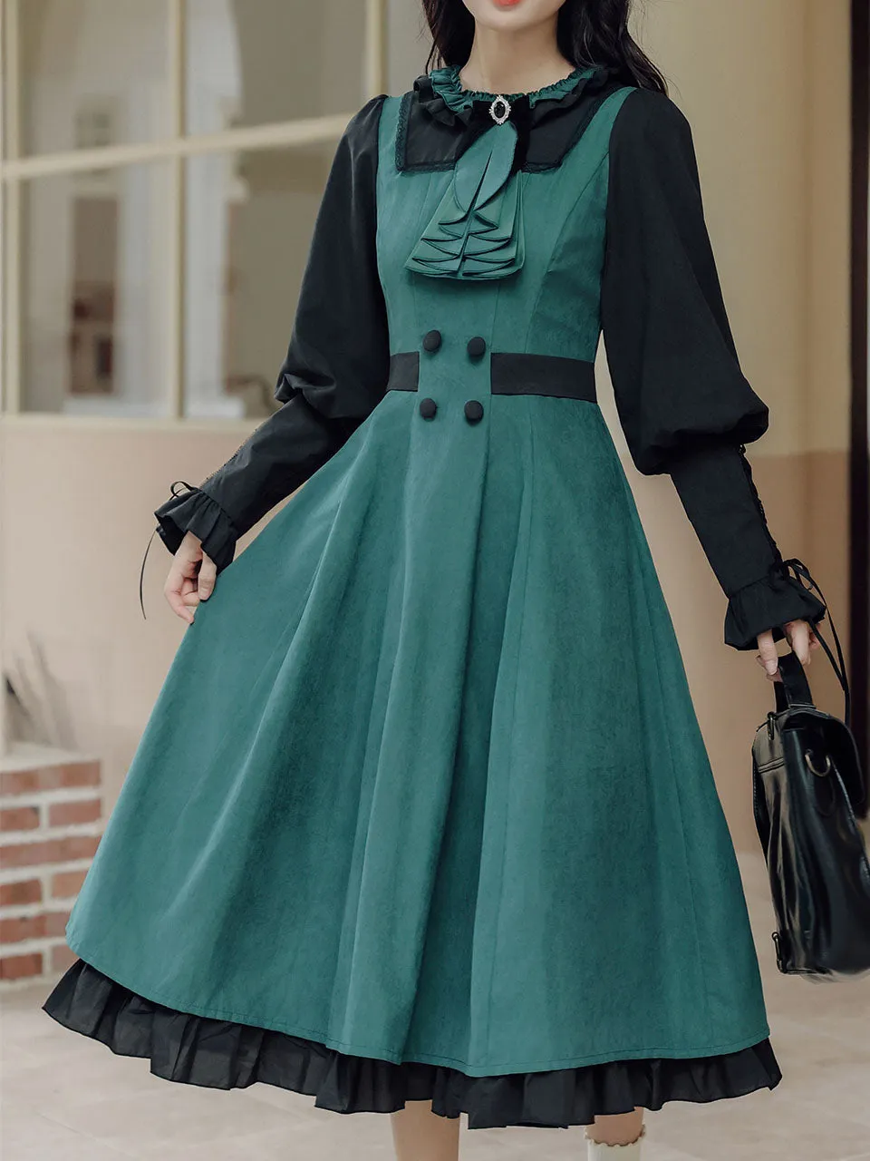 2PS Dark Green Magic Cascade Collar Dress With Cape Inspired By Slytherin House