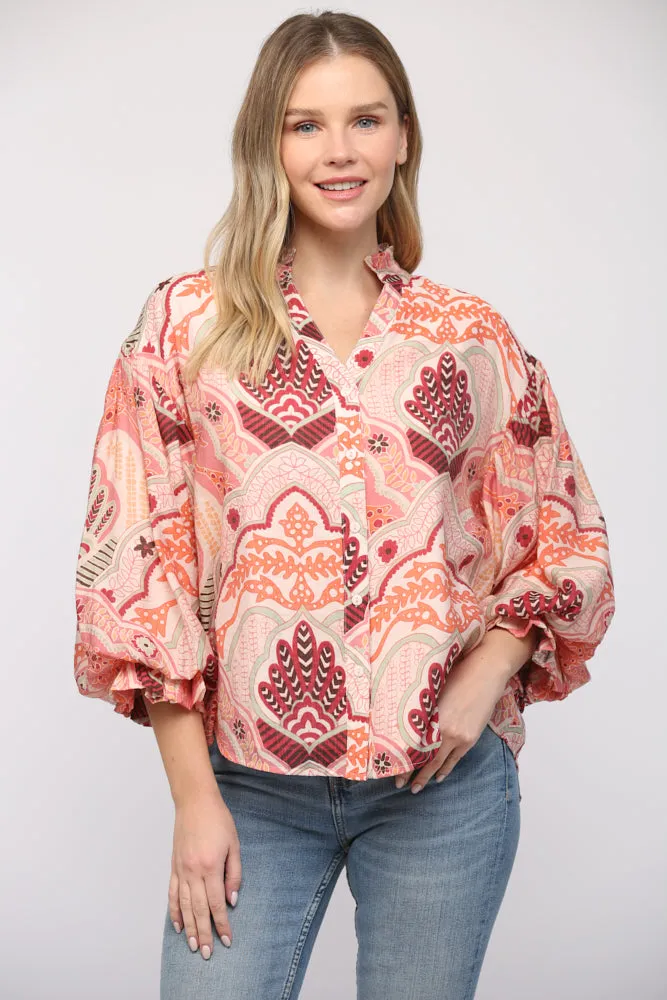 Abstract Print Bubble Sleeve V-Neck Blouse