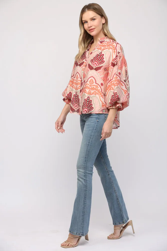 Abstract Print Bubble Sleeve V-Neck Blouse