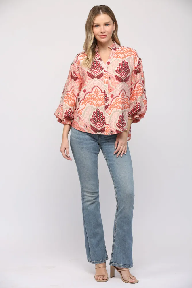 Abstract Print Bubble Sleeve V-Neck Blouse