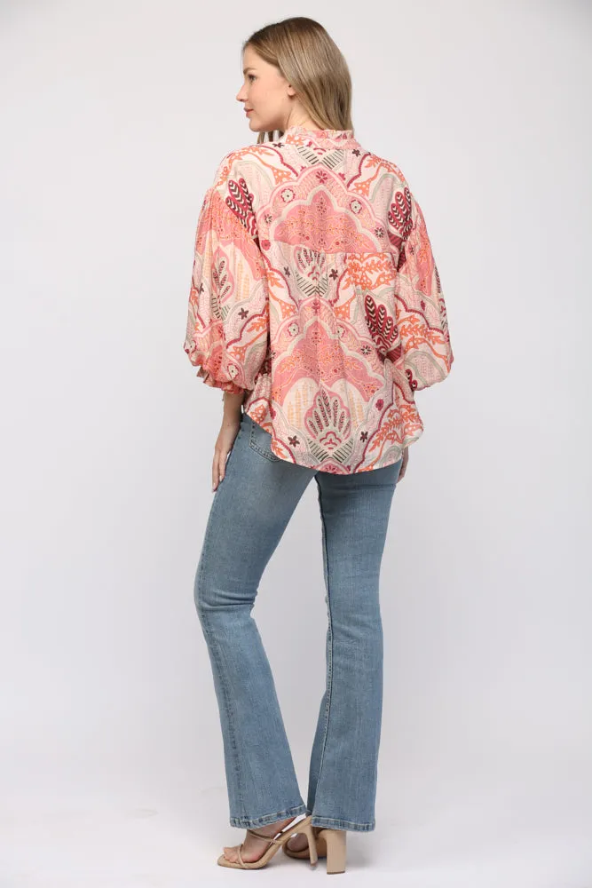 Abstract Print Bubble Sleeve V-Neck Blouse