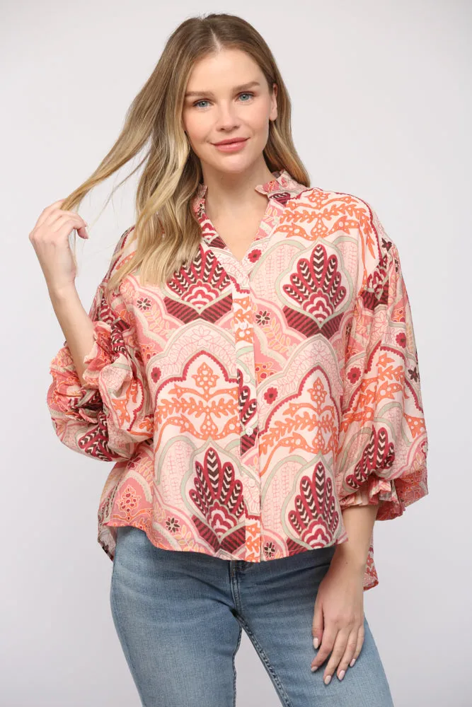 Abstract Print Bubble Sleeve V-Neck Blouse