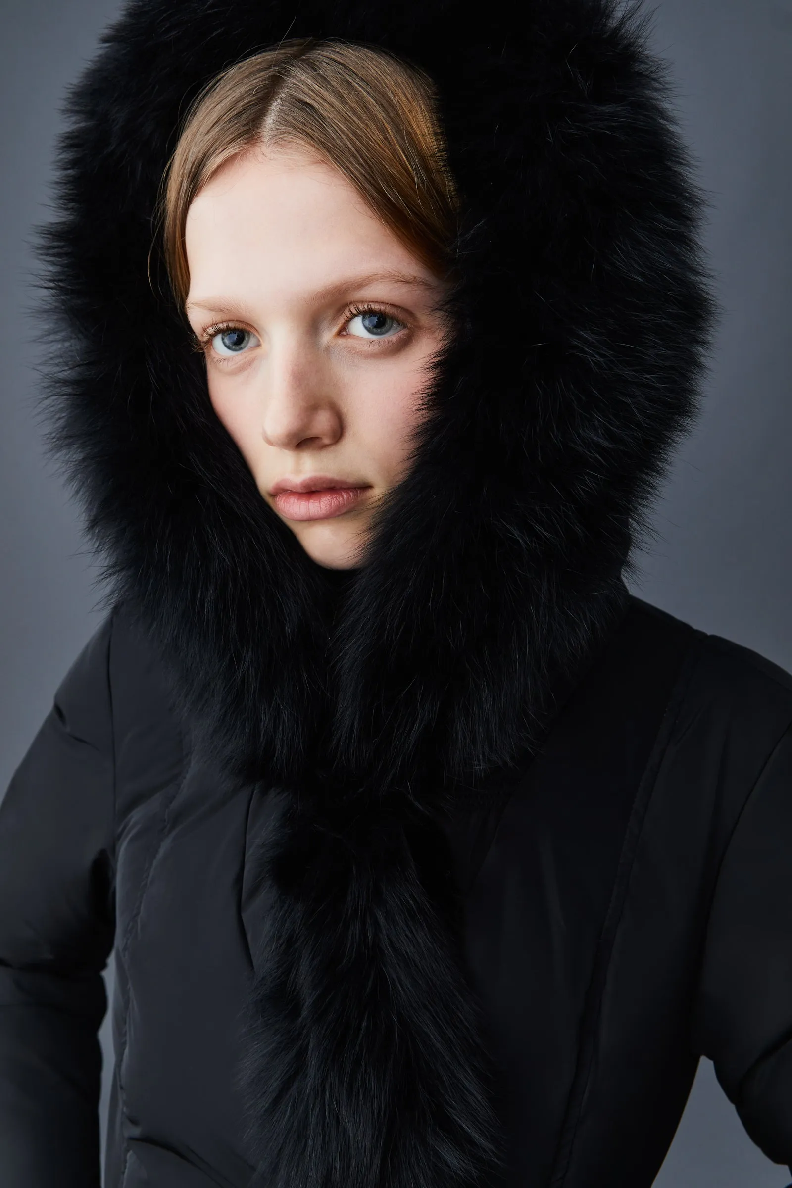 ADALI Down coat with blue fox fur Signature Mackage Collar Black