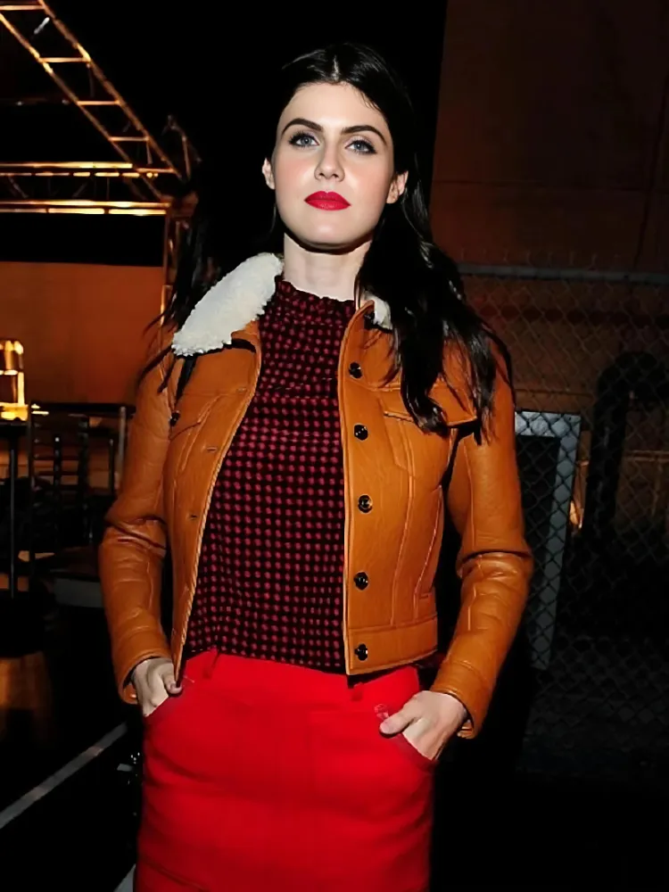 Alexandra Daddario Tan Brown Leather Jacket