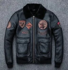 Aviator Black Leather Jacket Integrated Embroidery