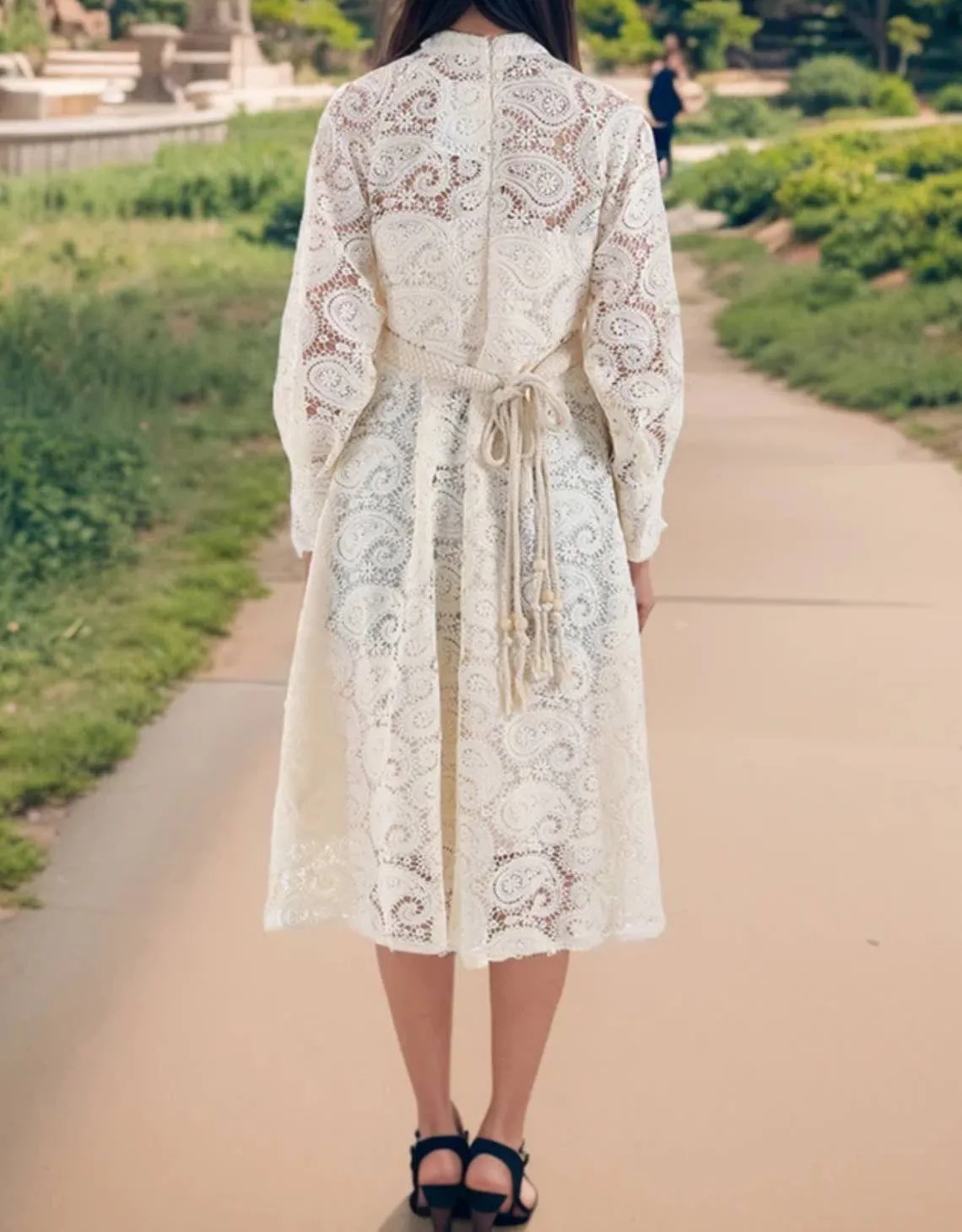 Beige Button Down Lace Midi Dress