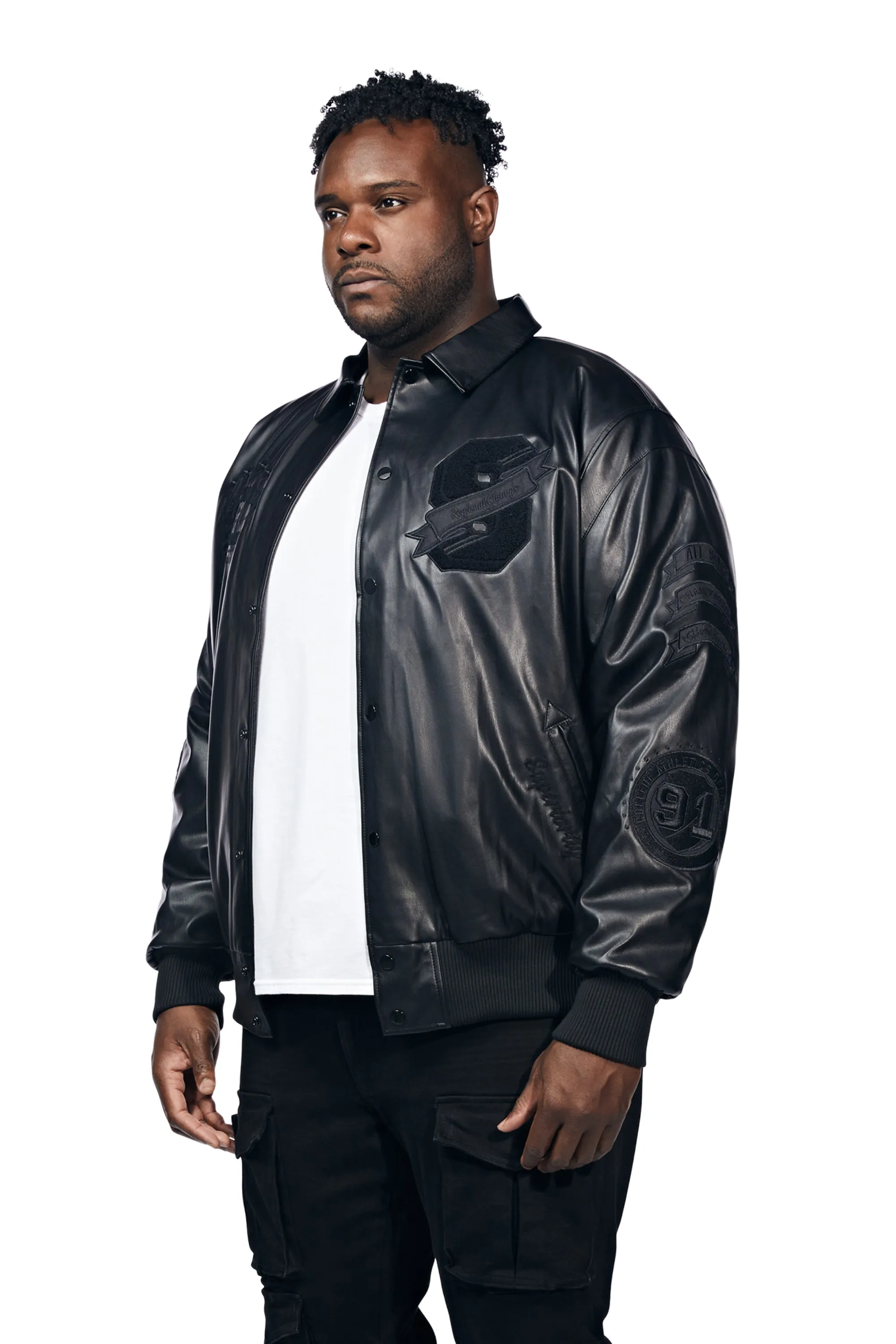 Big And Tall Vegan Leather  Varsity Jacket - Black