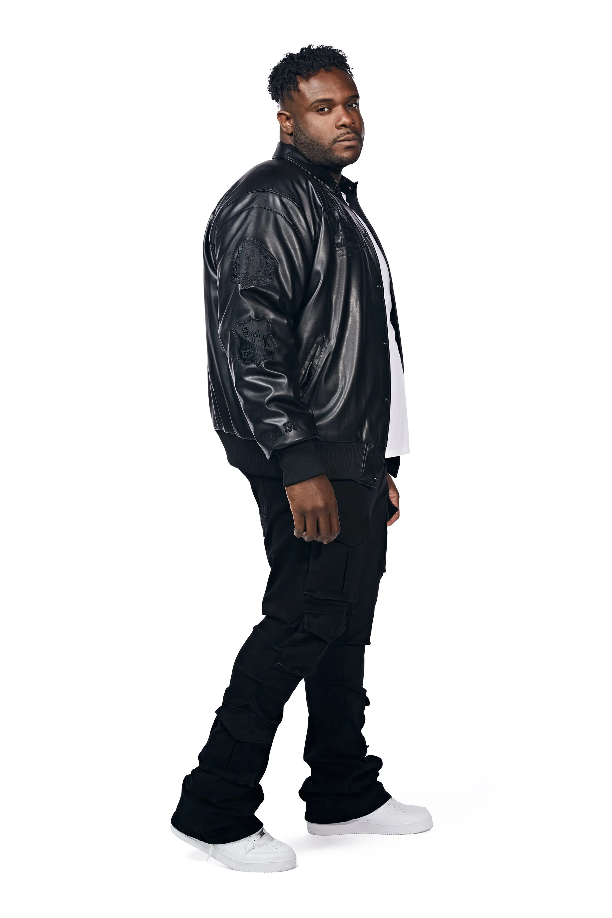 Big And Tall Vegan Leather  Varsity Jacket - Black