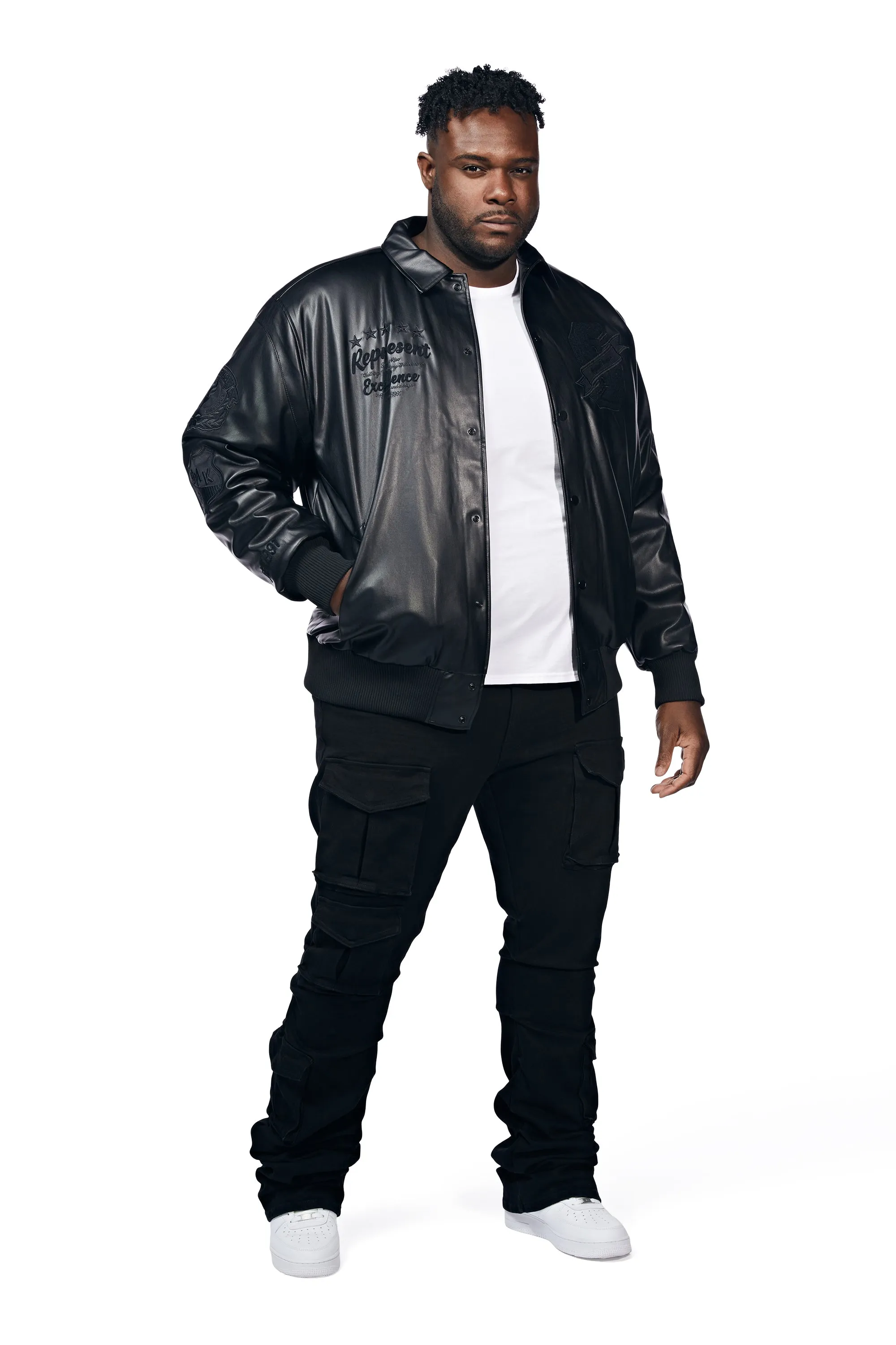 Big And Tall Vegan Leather  Varsity Jacket - Black