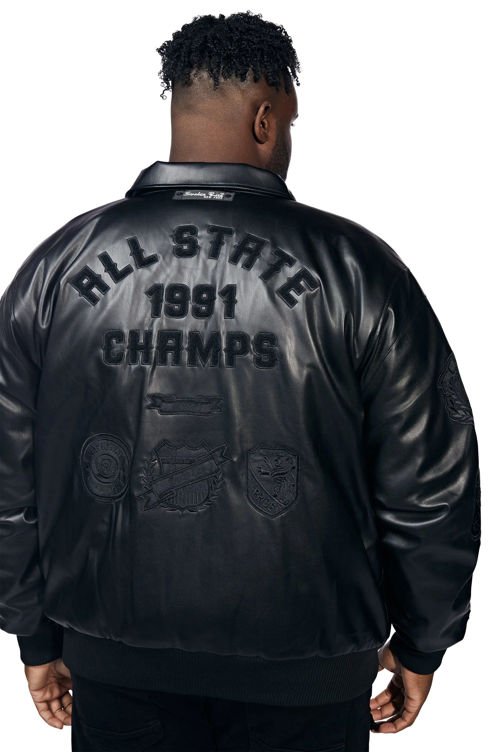 Big And Tall Vegan Leather  Varsity Jacket - Black