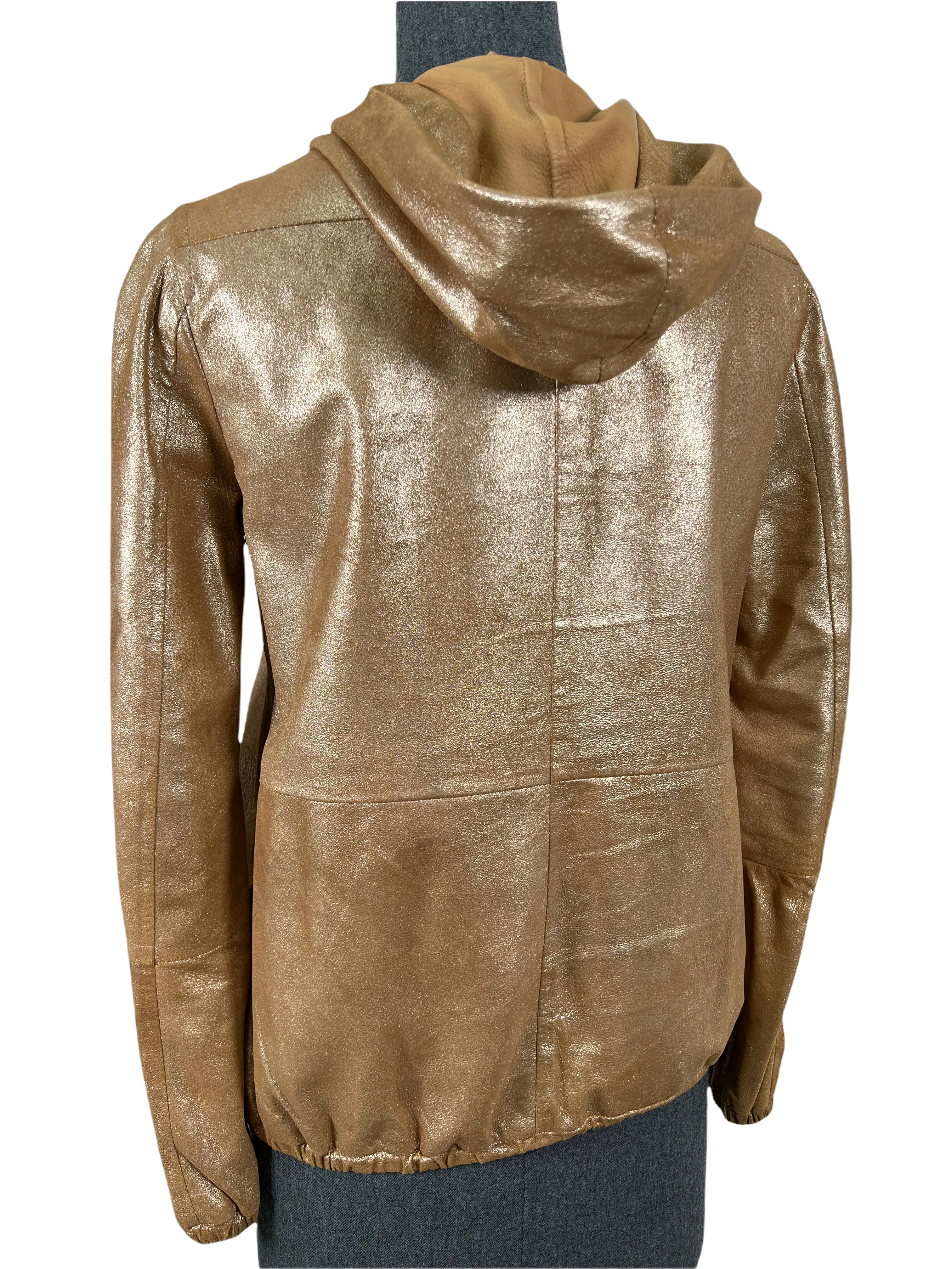 Brunello Cucinelli Metallic Leather Hooded Jacket Size 2