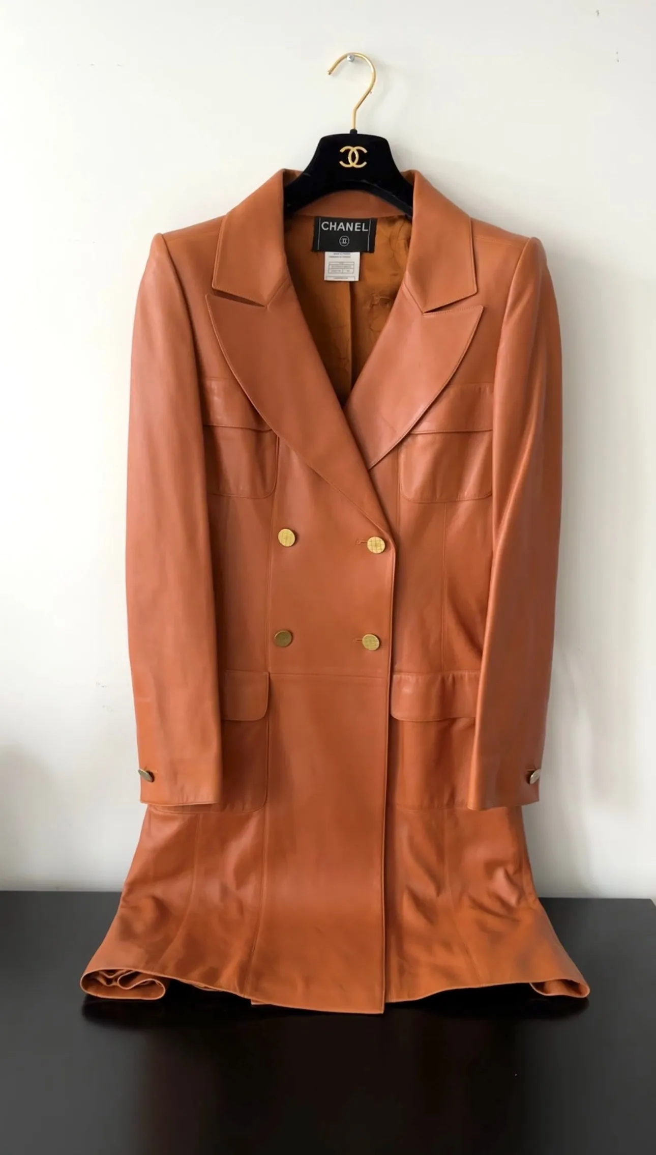 Chanel 01P Vintage Cognac Lambskin Leather Coat - S