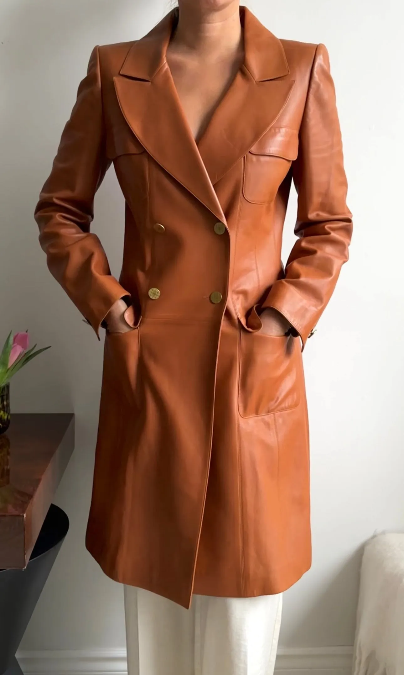 Chanel 01P Vintage Cognac Lambskin Leather Coat - S