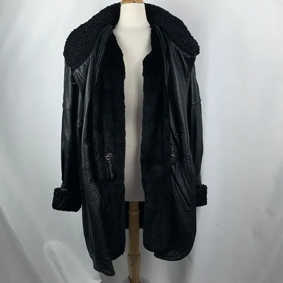 Christian DiorVintage Black Mink Lined Leather Coat With Persian Trim