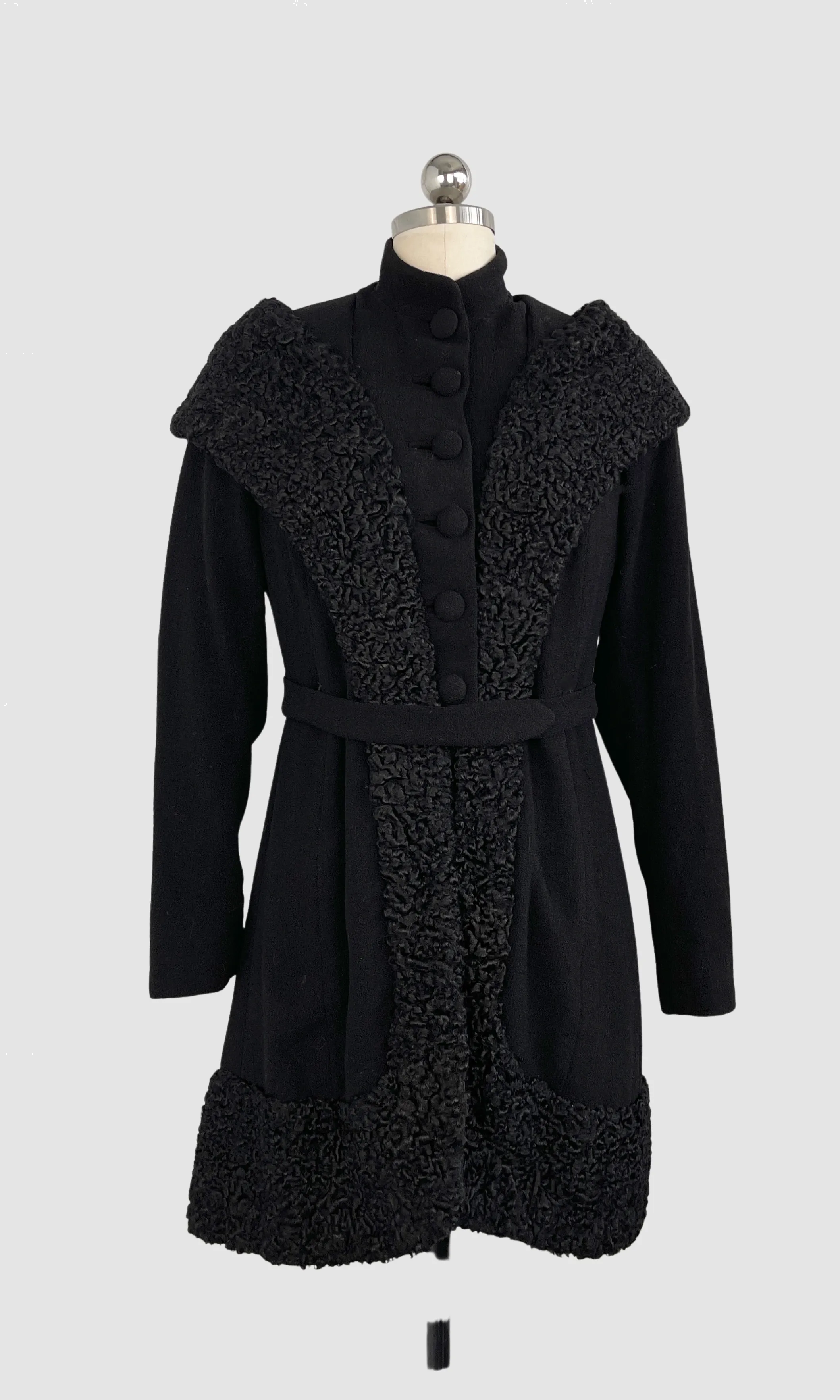 COAT CHECK 30s Black Wool Boucle and Persian Lamb Fur Coat, Small