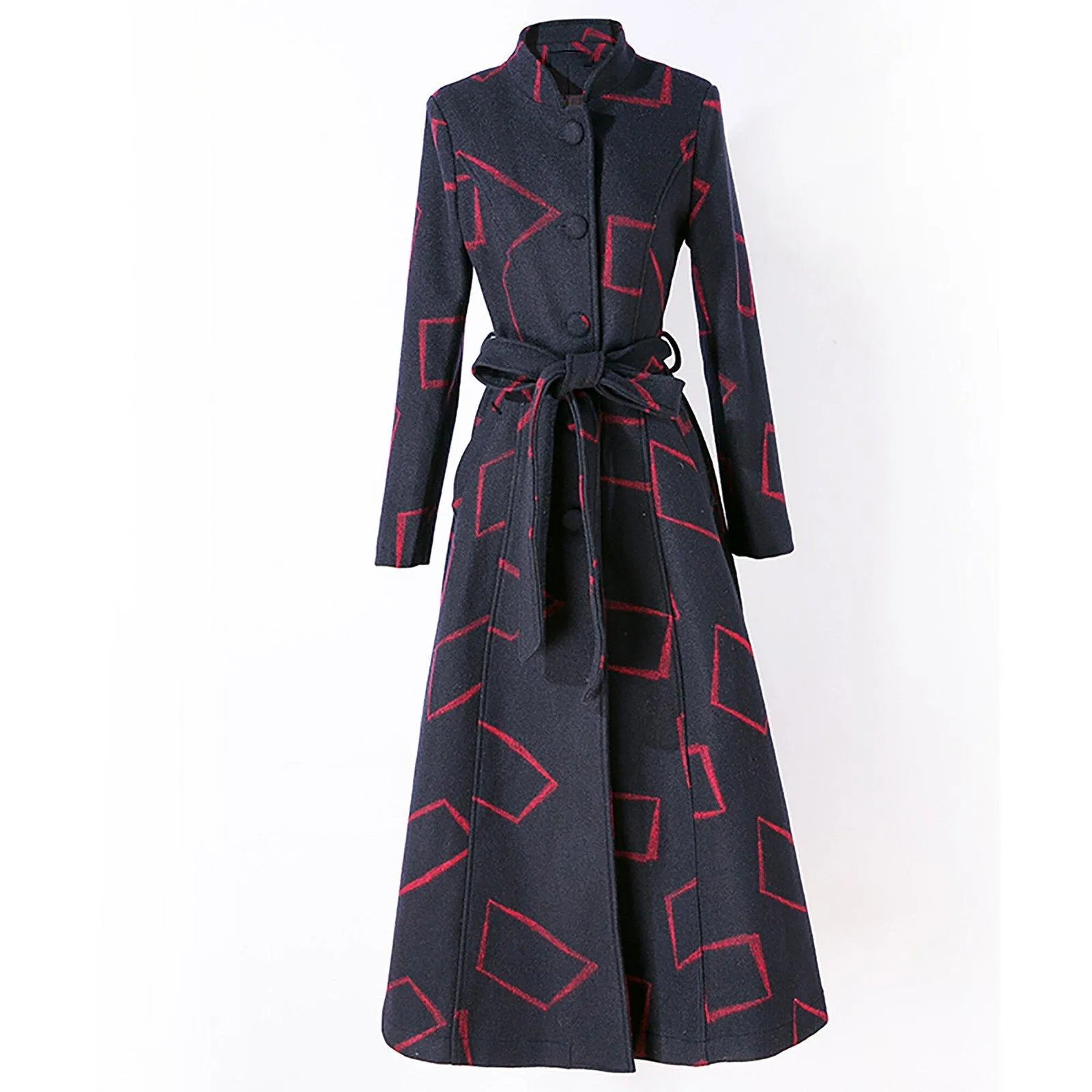 Custom Wool Blend Geo Print Stand Collar Fit & Flare Coat