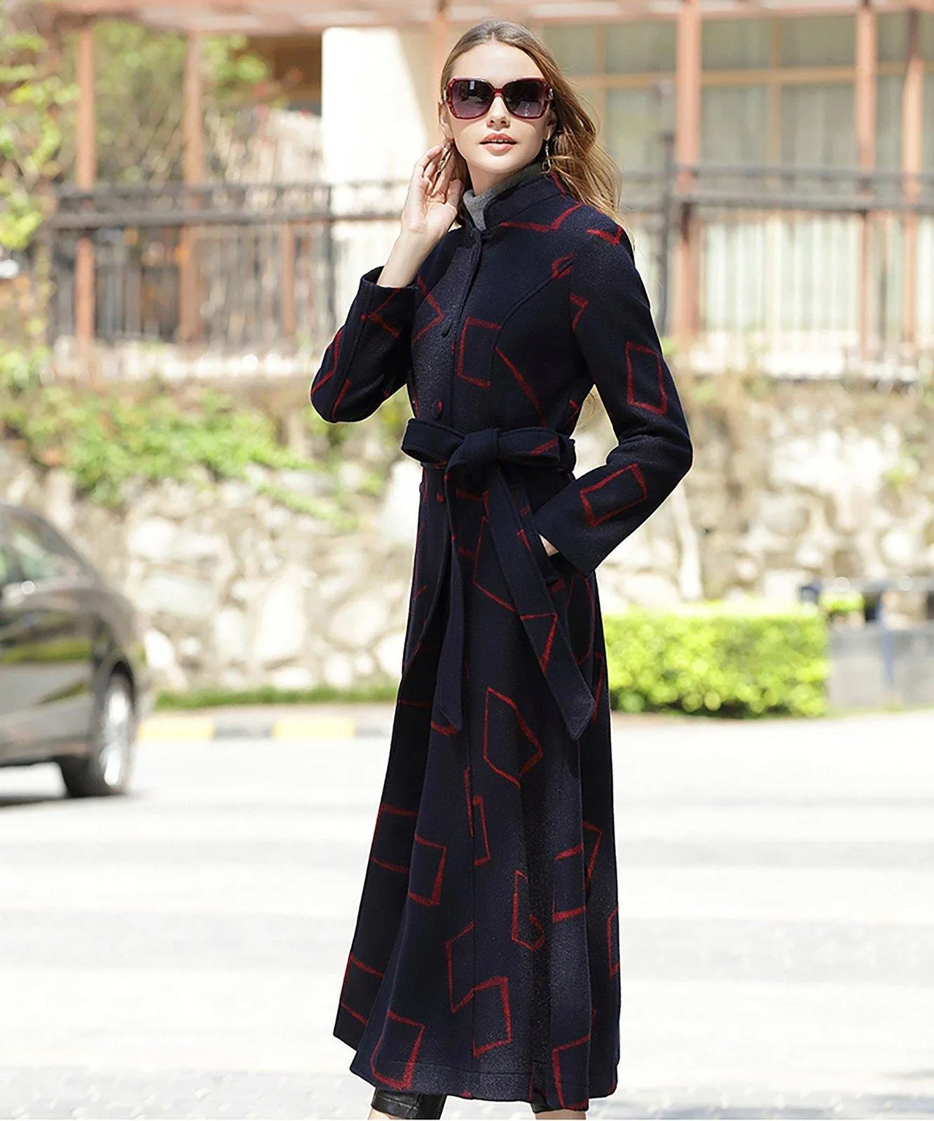 Custom Wool Blend Geo Print Stand Collar Fit & Flare Coat