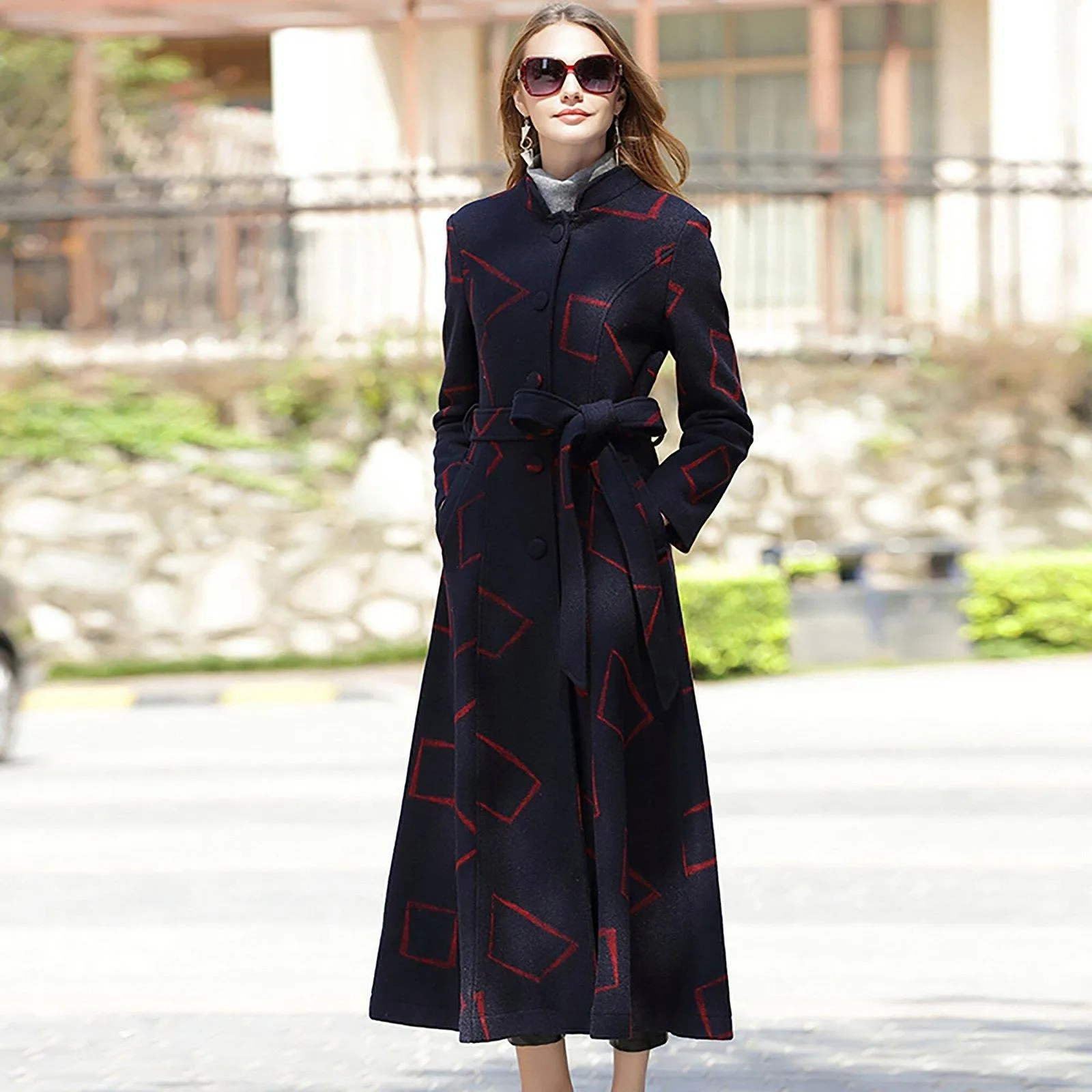 Custom Wool Blend Geo Print Stand Collar Fit & Flare Coat