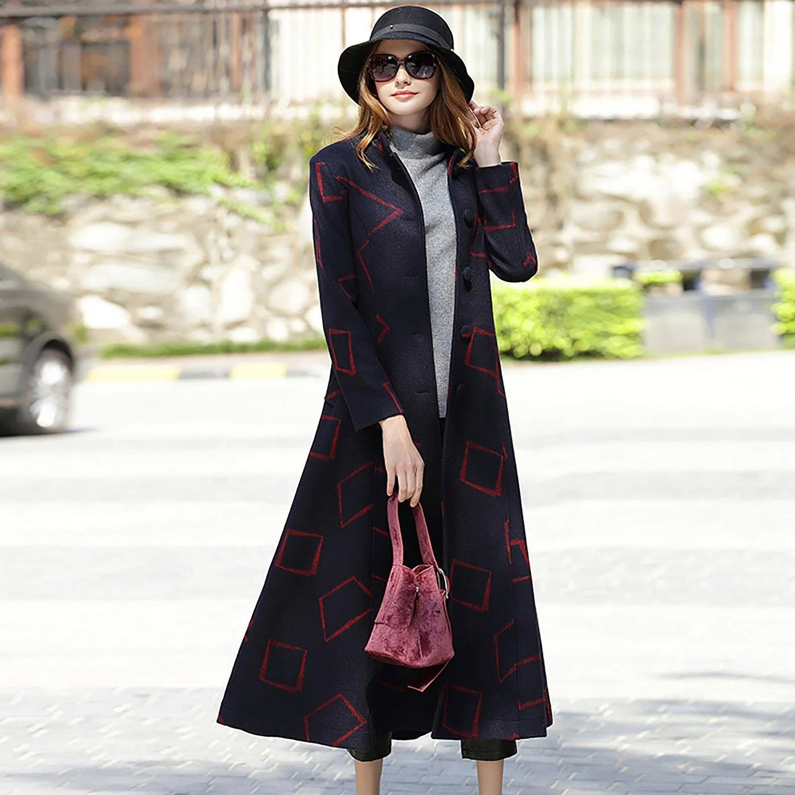 Custom Wool Blend Geo Print Stand Collar Fit & Flare Coat