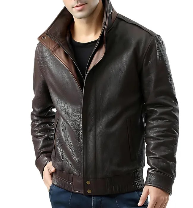 Dark Brown Double Collar Bomber Leather Jacket for Mens