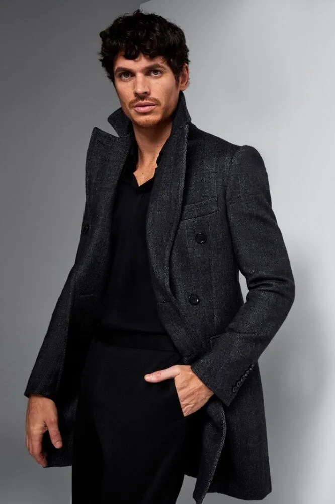 Enzo Luxe Coat - Charcoal Herringbone Double Faced Wool