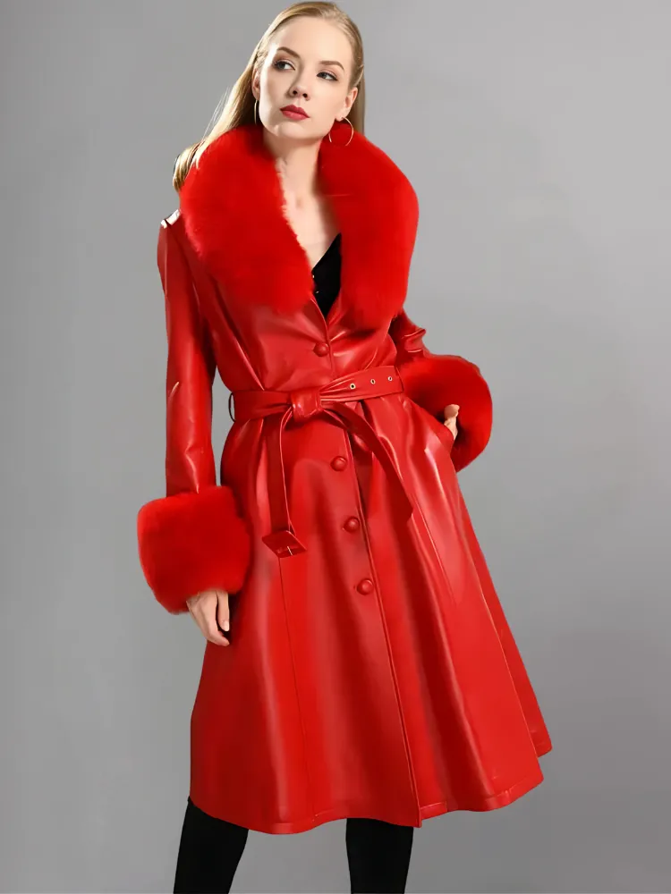 FAUX FUR GENUINE LEATHER COAT IN RED