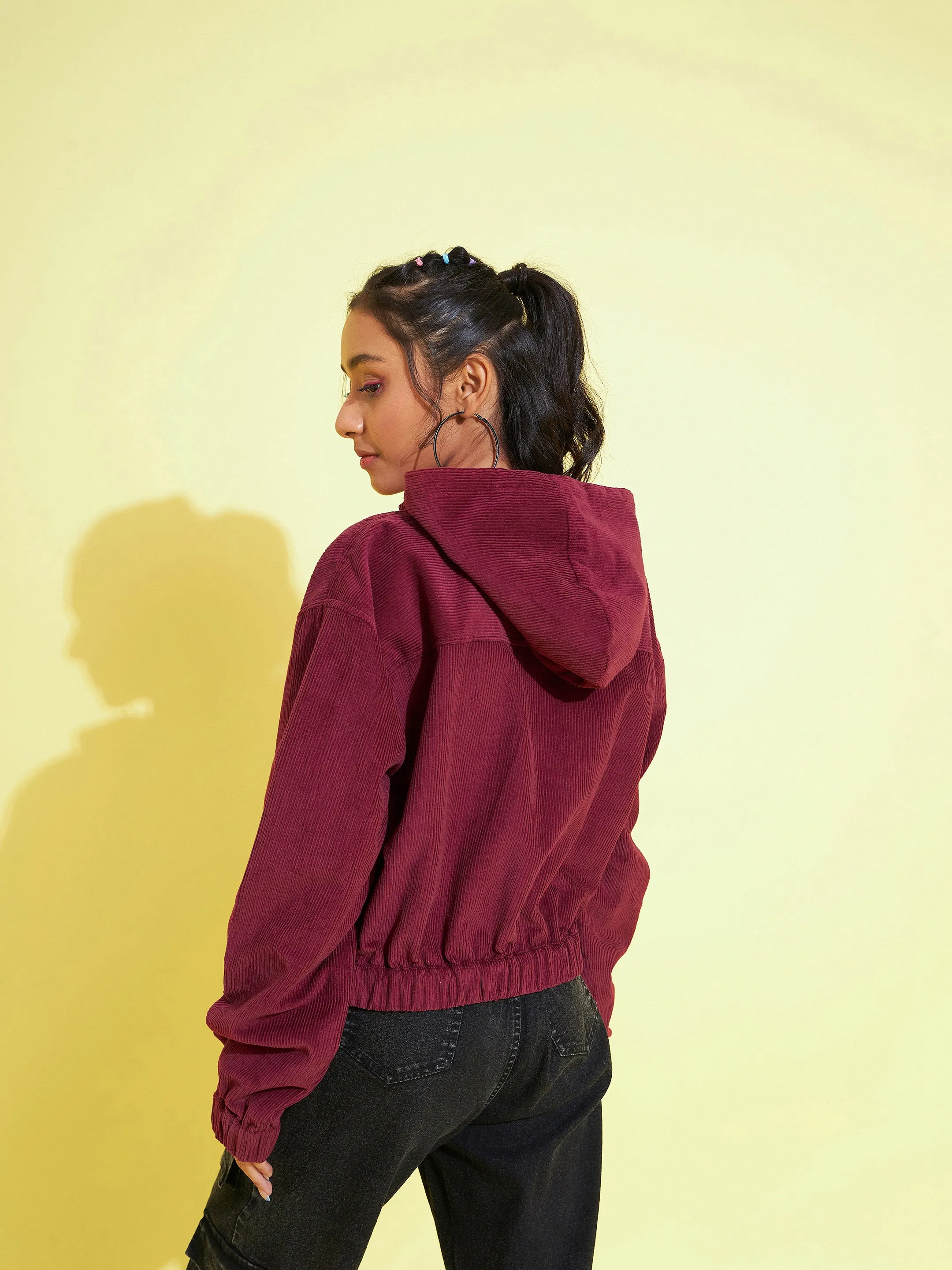 Girls Burgundy Corduroy Hoodie Crop Jacket