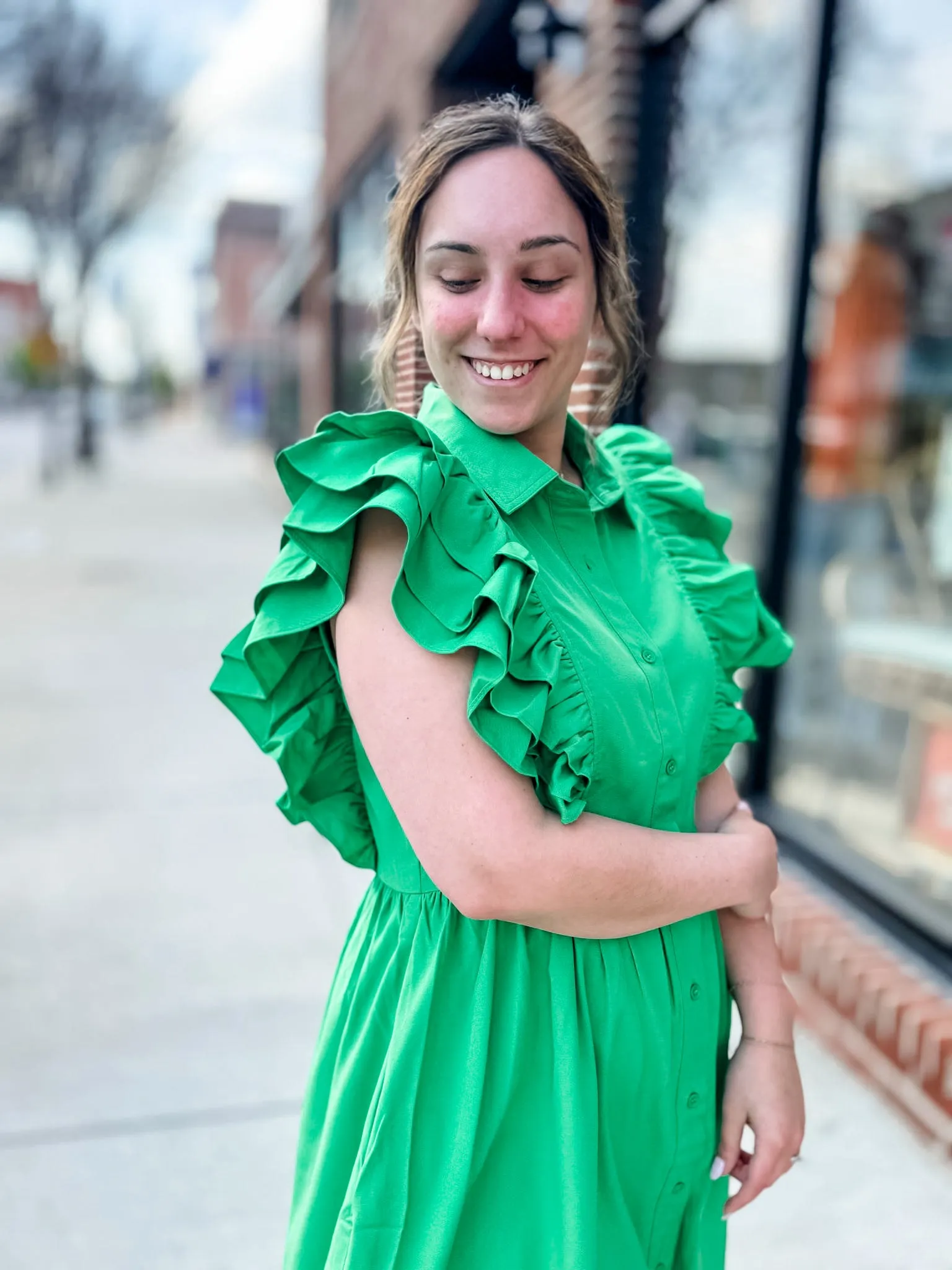 Green Ruffle Button Down Dress