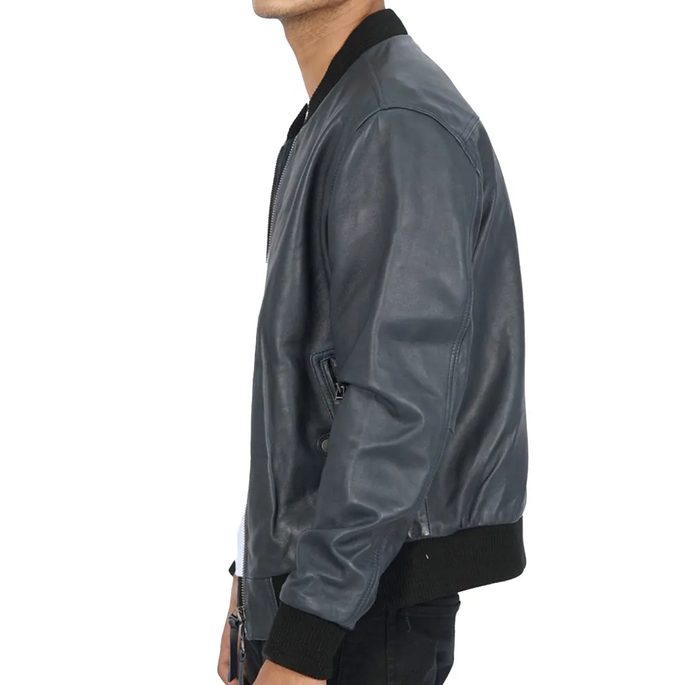 Masako Blue Leather Bomber Jacket