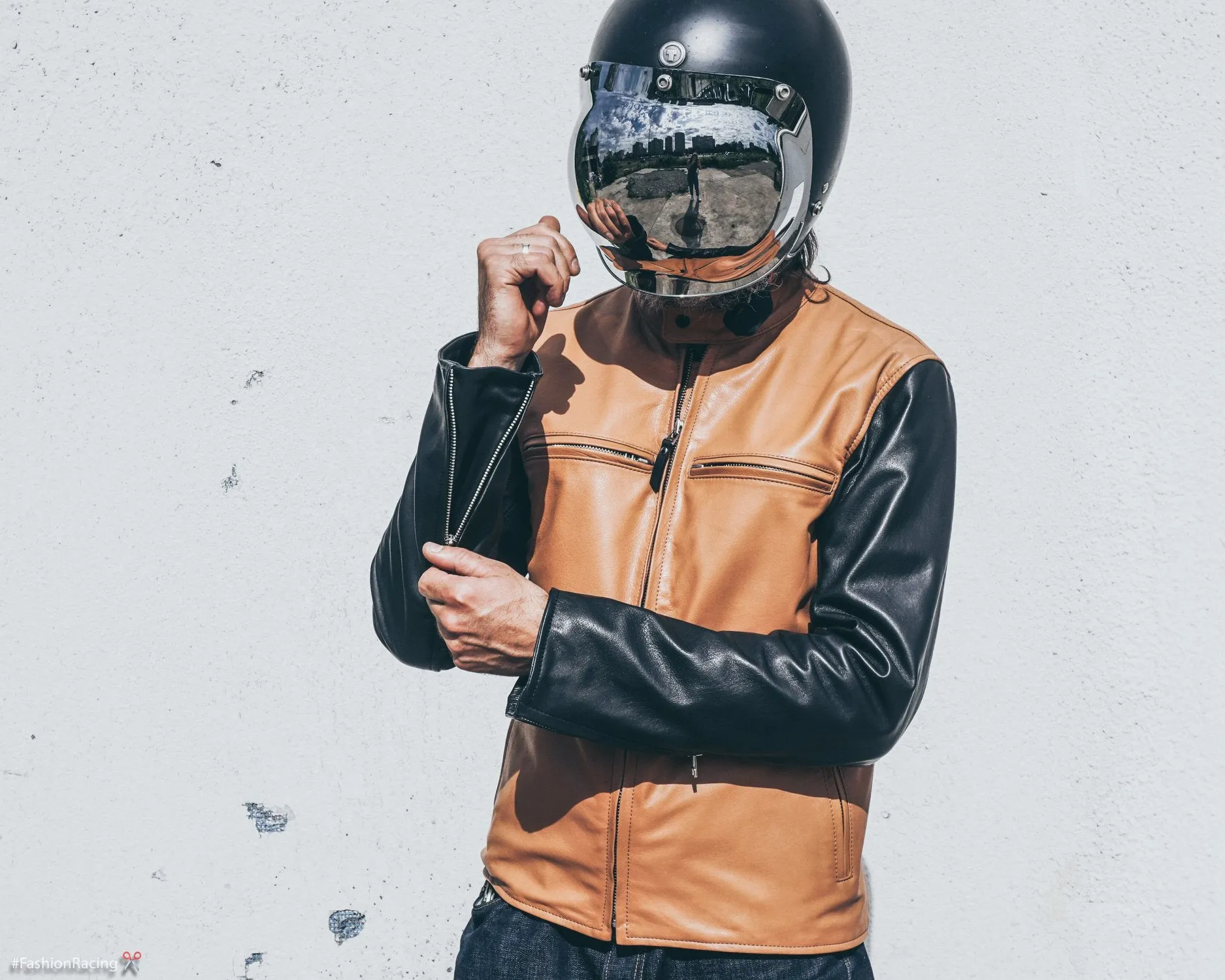 Men's Cafe Racer Jacket | Tan & Black Leather | Slim Fit | Handmade