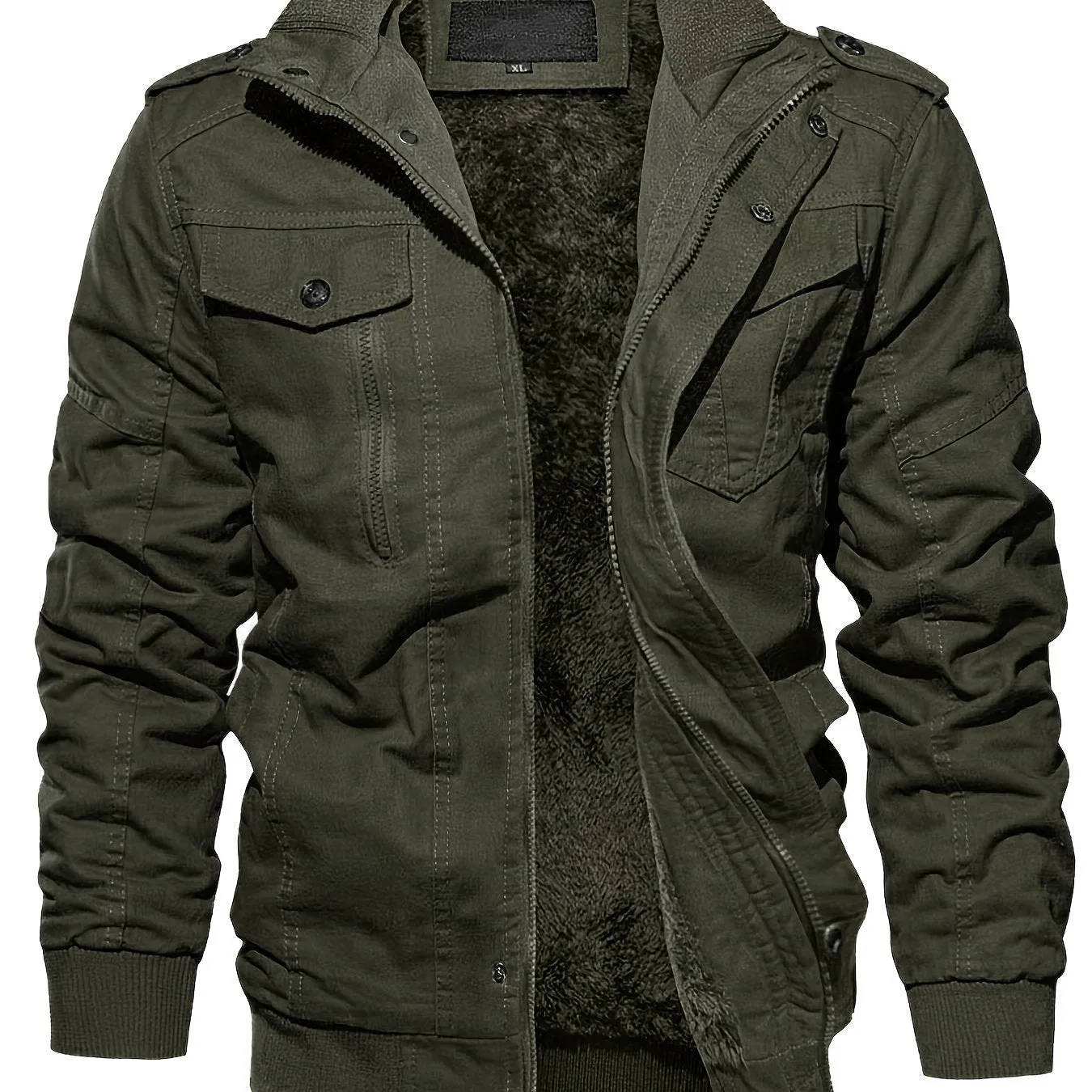 Men's Thick Thermal Winter Jacket With Multi Pockets Zip Front Fleece Lined Cotton Jacket