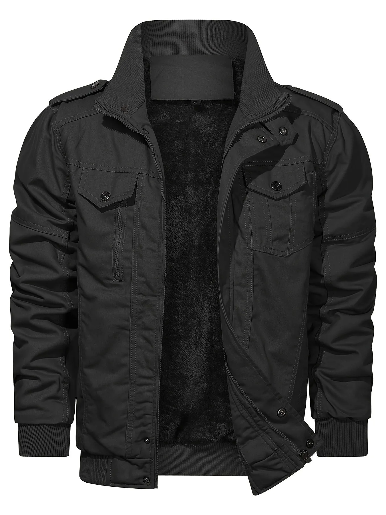 Men's Thick Thermal Winter Jacket With Multi Pockets Zip Front Fleece Lined Cotton Jacket