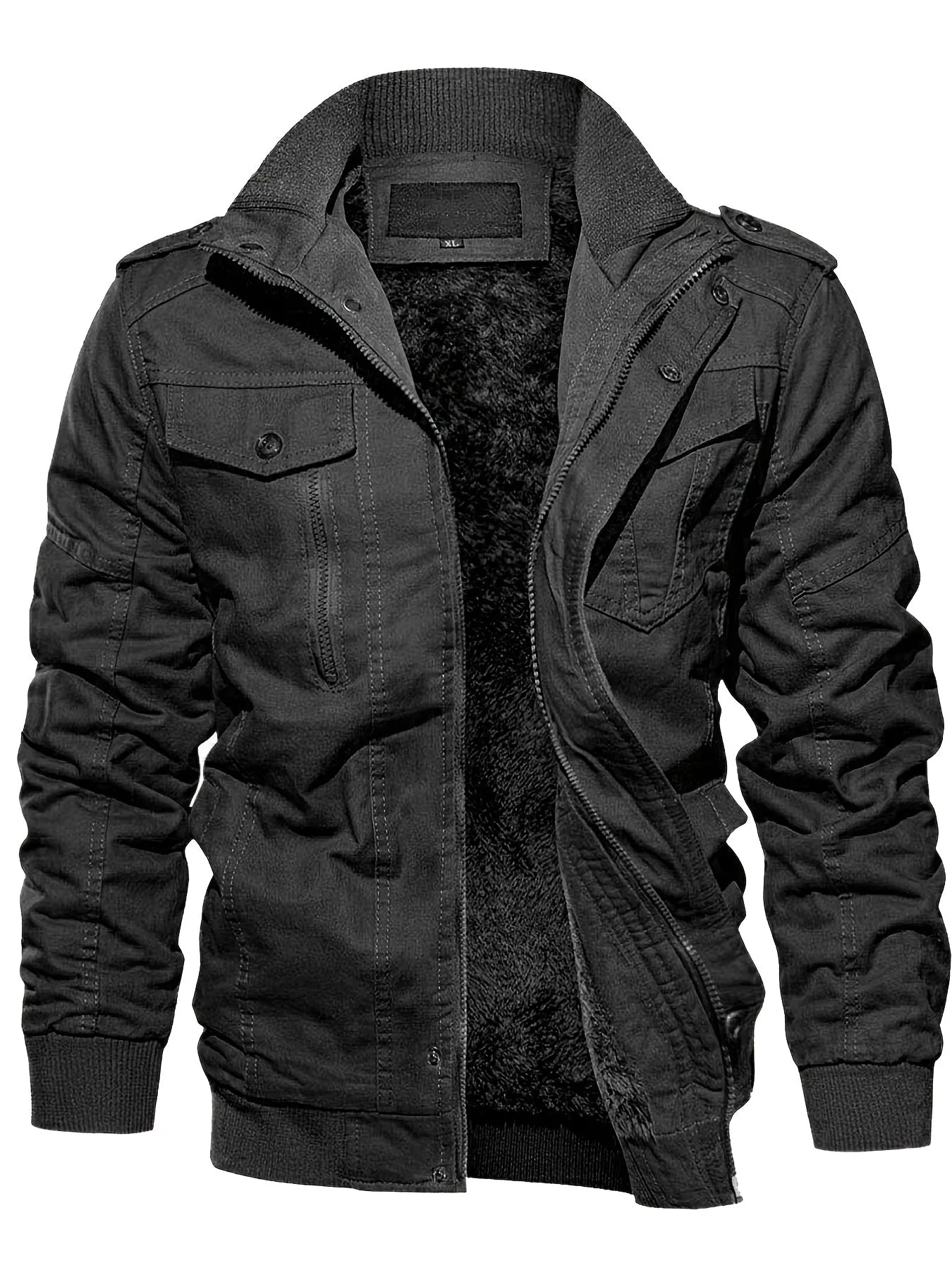 Men's Thick Thermal Winter Jacket With Multi Pockets Zip Front Fleece Lined Cotton Jacket