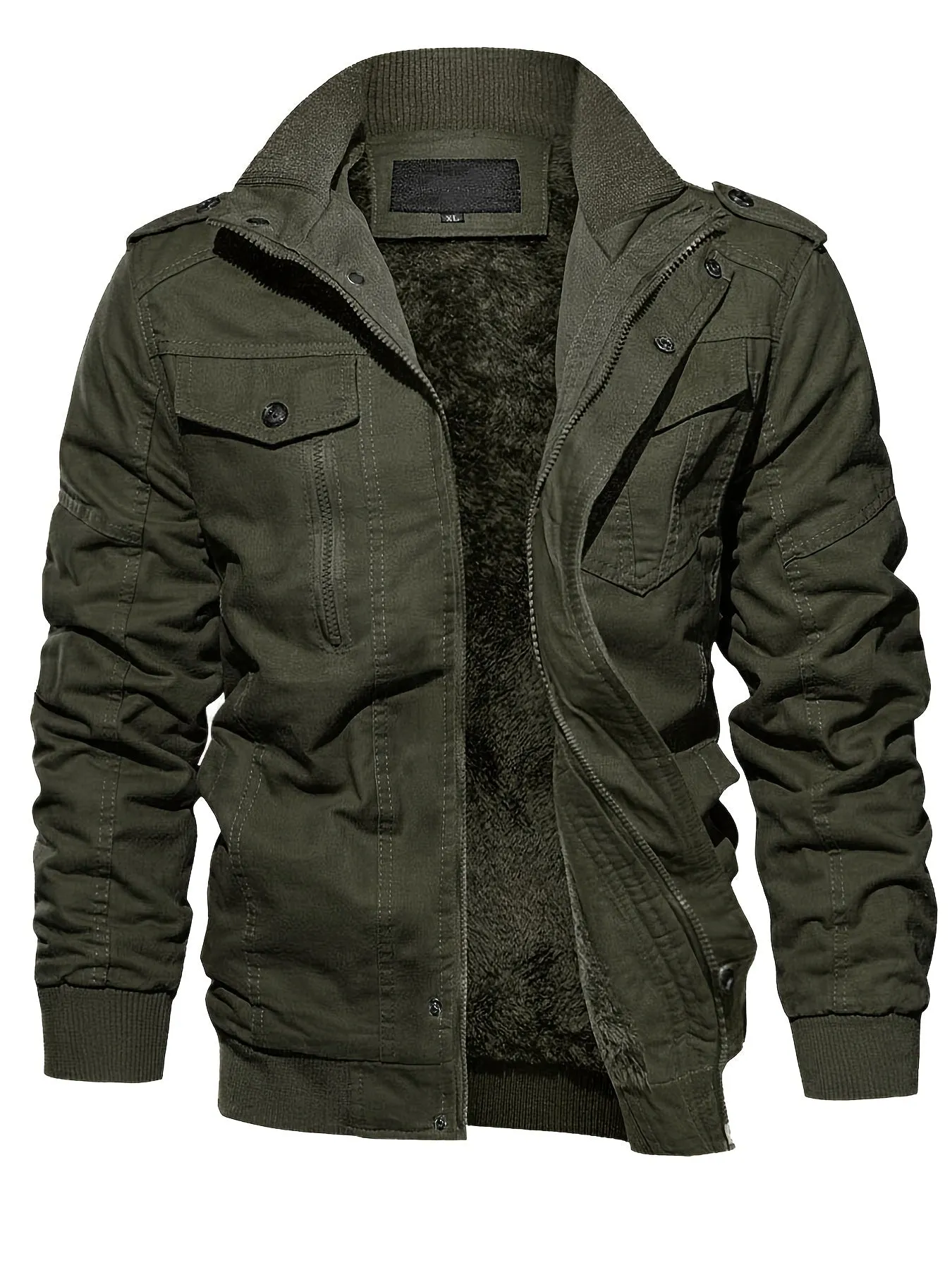 Men's Thick Thermal Winter Jacket With Multi Pockets Zip Front Fleece Lined Cotton Jacket