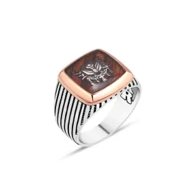 Ottoman Coat of Arms on Enameled Wood Square Silver Men's Ring with Stripe Pattern