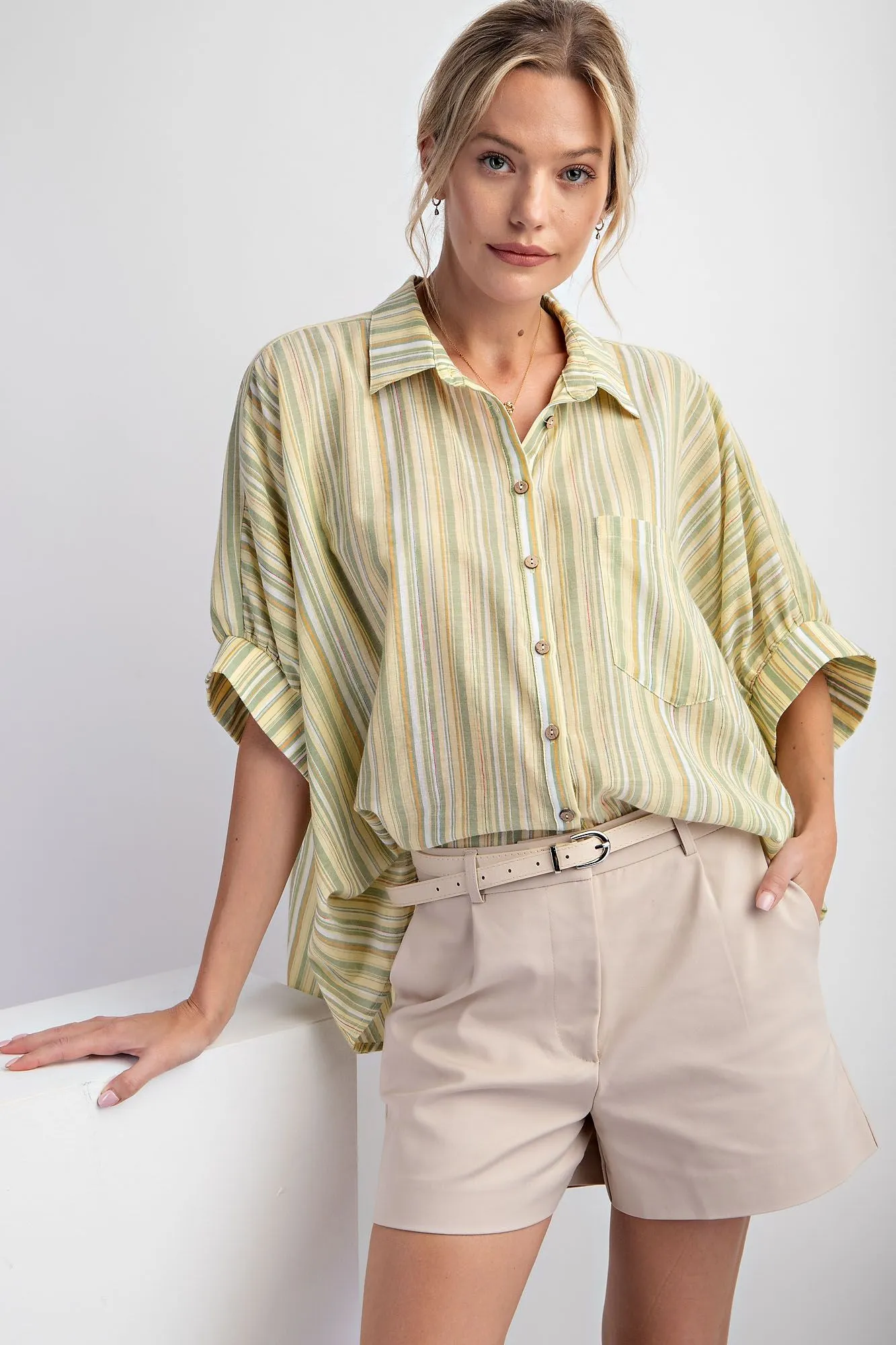 Oversized Short Sleeve Striped Button Down Top