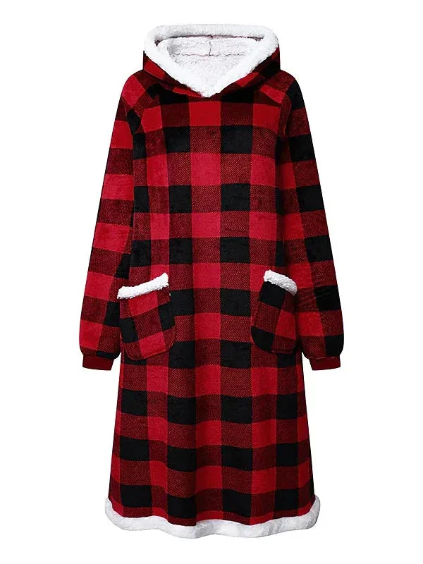 Pink Women's Cozy Grid/Plaid Pattern Blanket Hoodie Pajama Loungewear