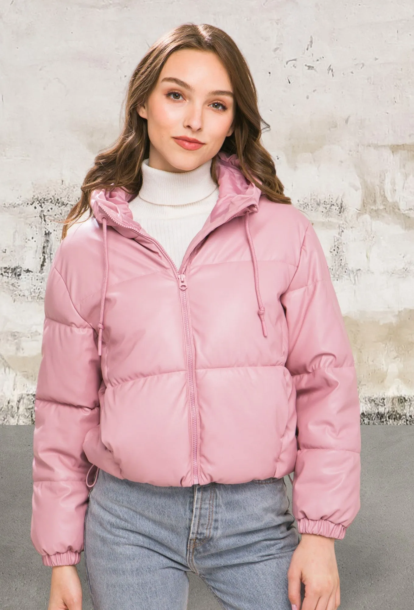 Pu Faux Leather Zipper Hooded Pink Jacket