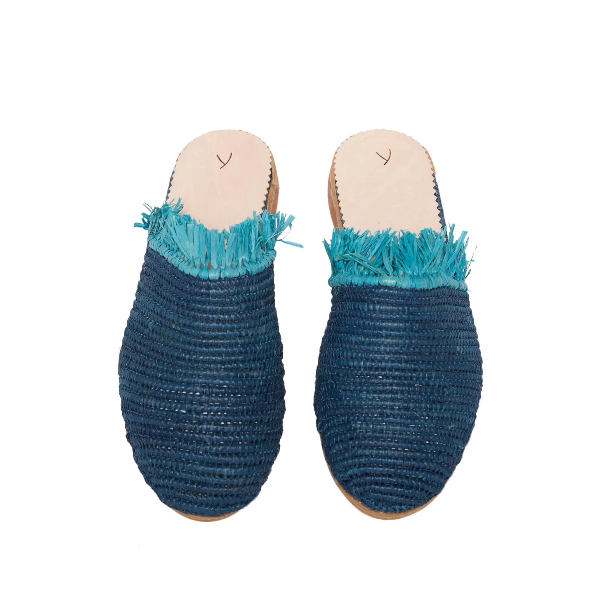 Raffia Slippers with Fringes in Blue, Turquoise