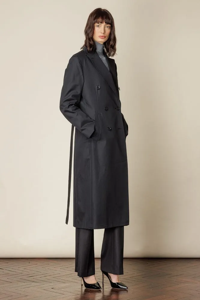 (RTW) Long Double Breasted Trench Coat with Belt - Black Cotton Gabardine