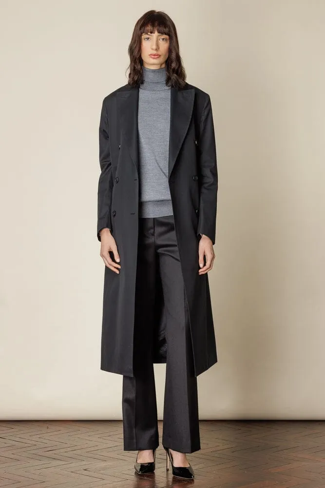 (RTW) Long Double Breasted Trench Coat with Belt - Black Cotton Gabardine