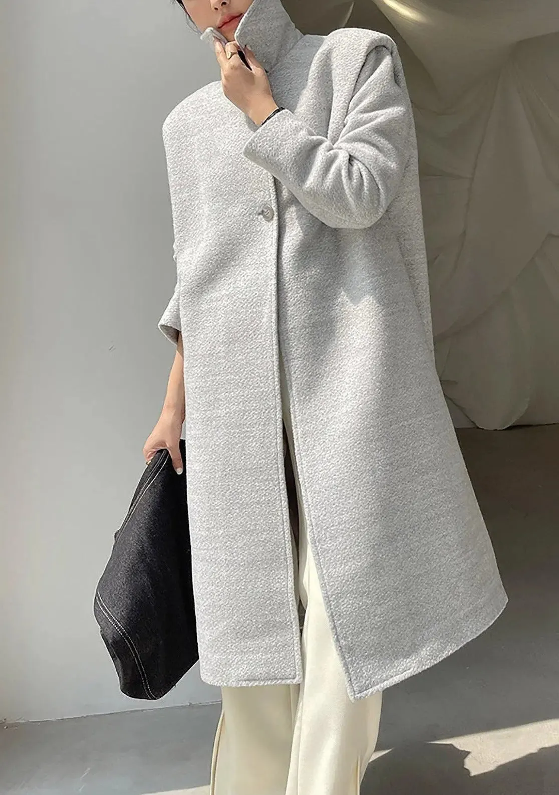 Salena Grey Single Breasted Wool Blend Midi Coat