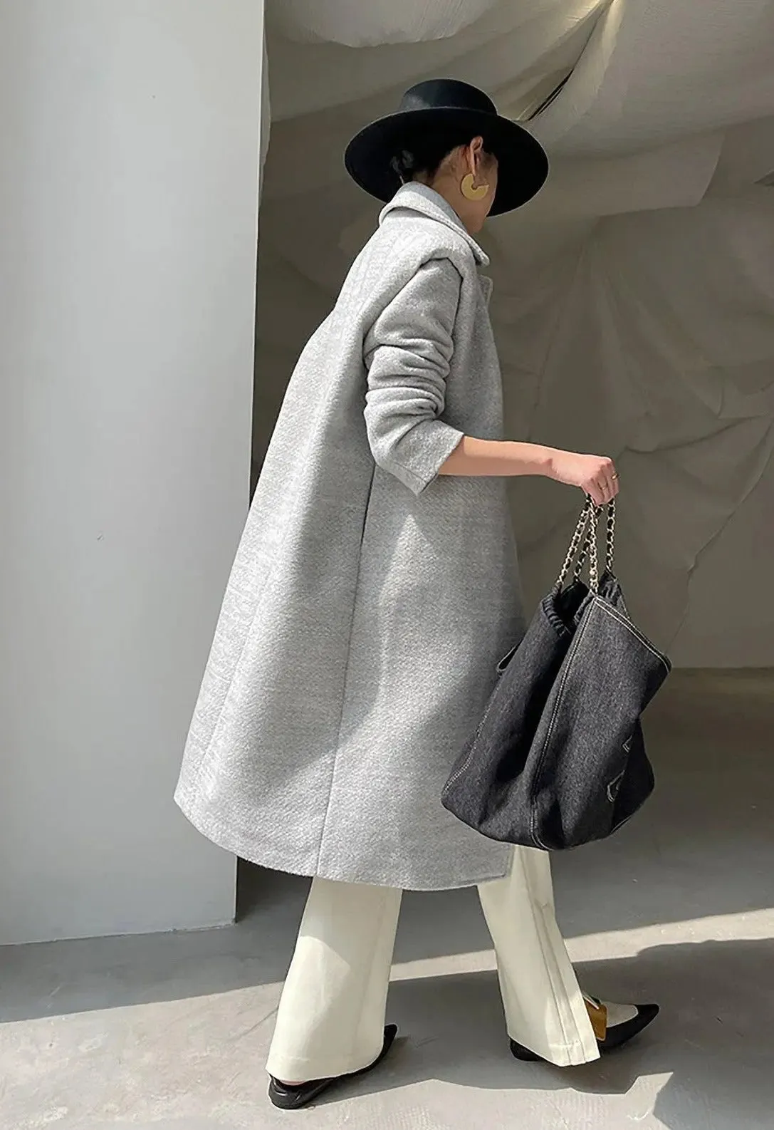 Salena Grey Single Breasted Wool Blend Midi Coat