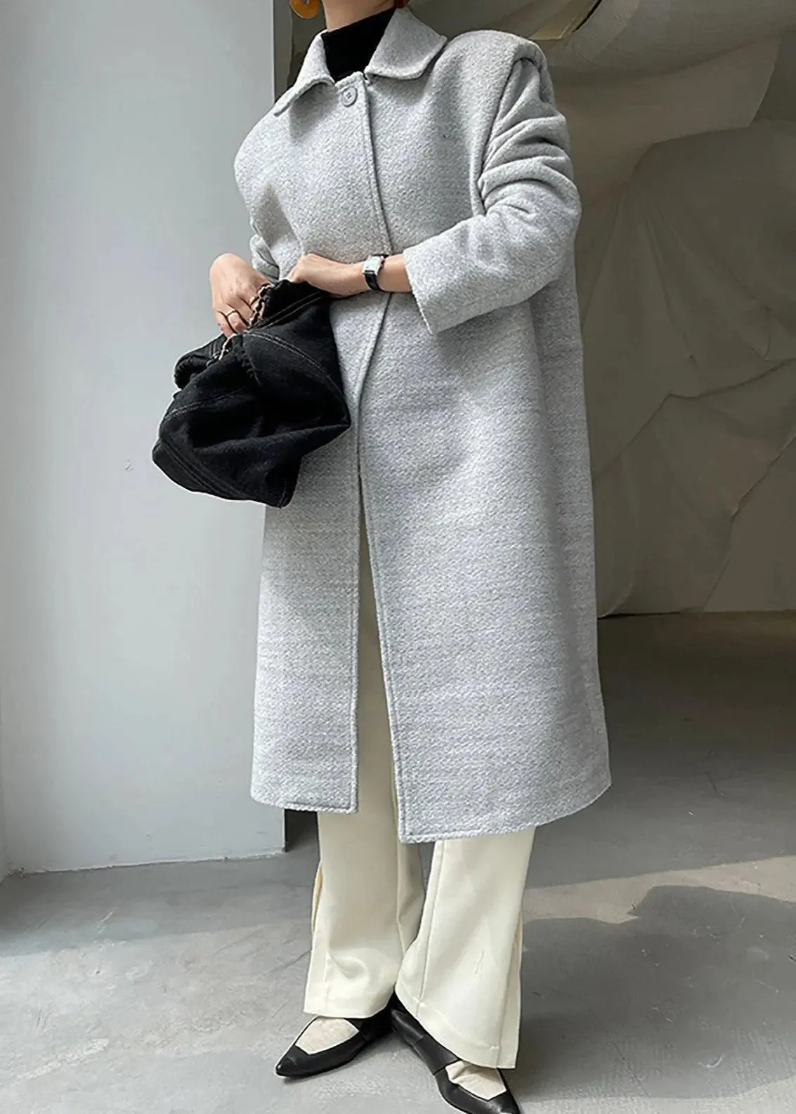 Salena Grey Single Breasted Wool Blend Midi Coat