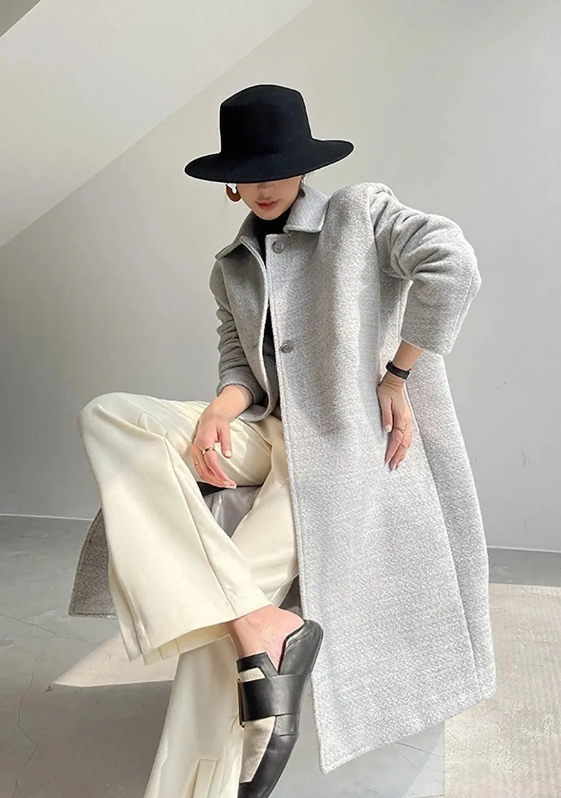 Salena Grey Single Breasted Wool Blend Midi Coat