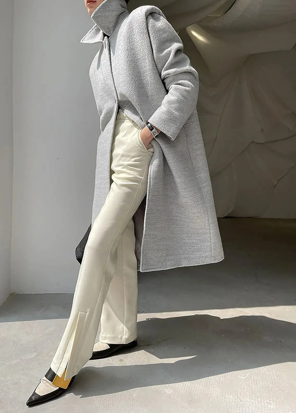 Salena Grey Single Breasted Wool Blend Midi Coat