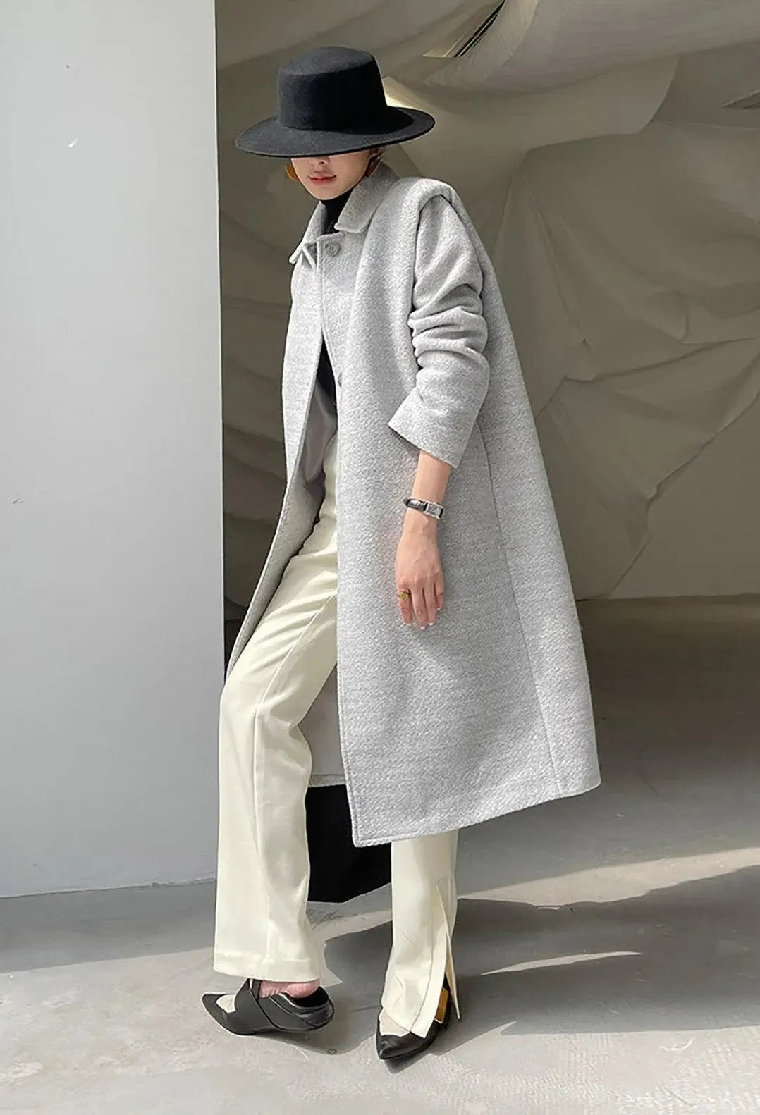 Salena Grey Single Breasted Wool Blend Midi Coat