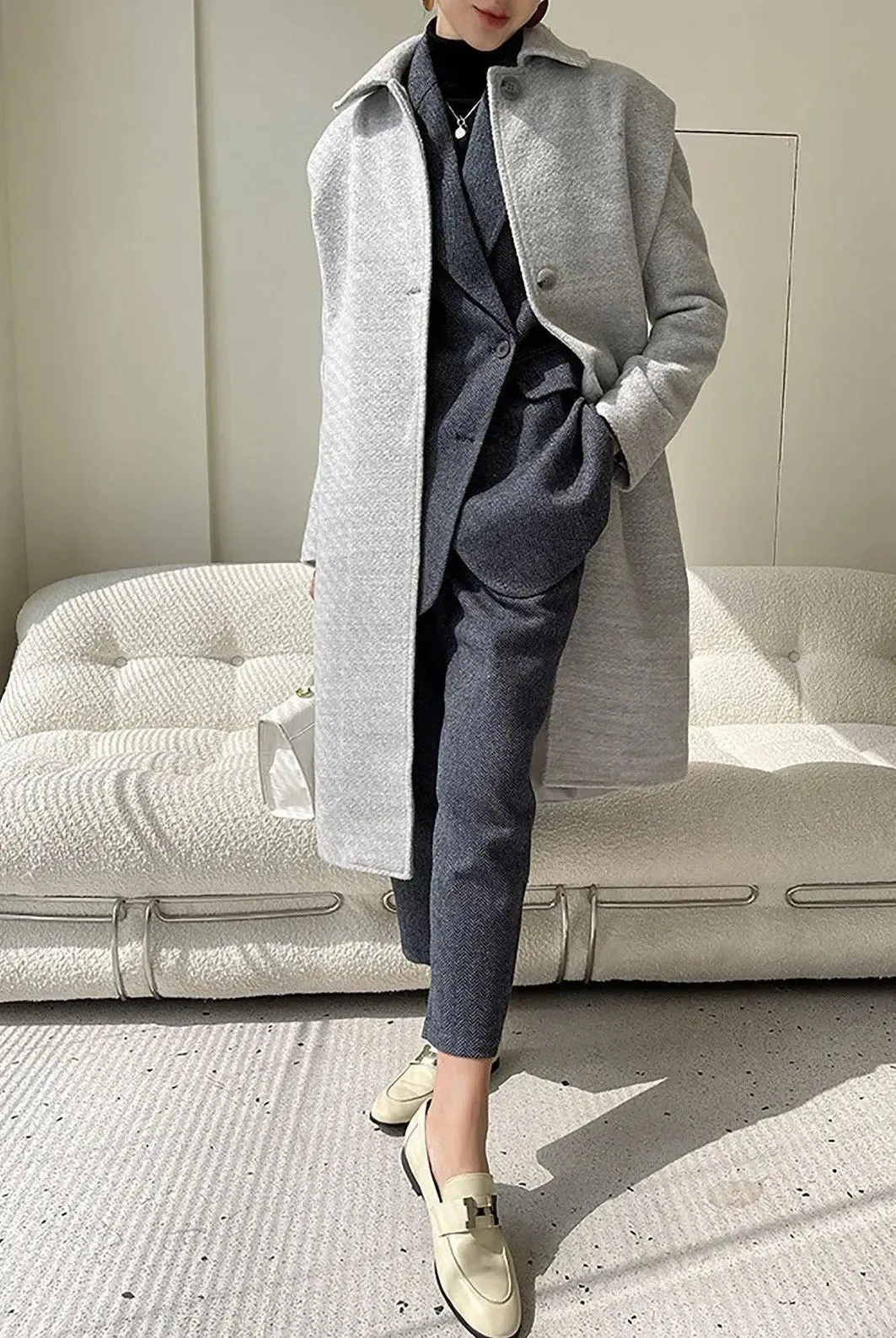 Salena Grey Single Breasted Wool Blend Midi Coat