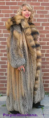 Sensational Hooded Solid Multi Color Cross Fox Canadian Fur Coat 80 Sweep M/L