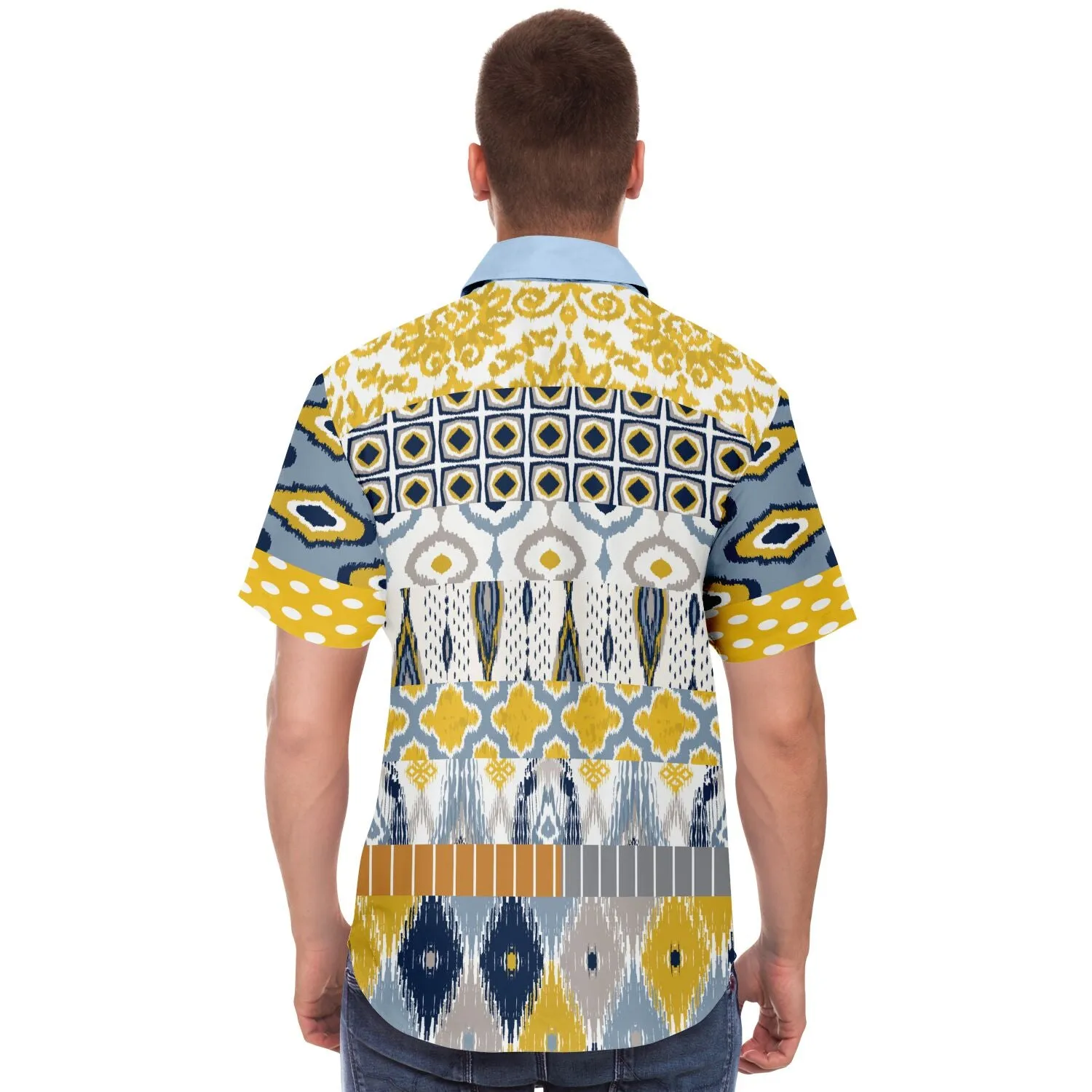 Tallulah Bankhead Yellow Ikat Patchwork Short Sleeve Button Down Shirt